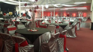 One of our ballrooms ready for an legant Ruby-themed Quinceañera